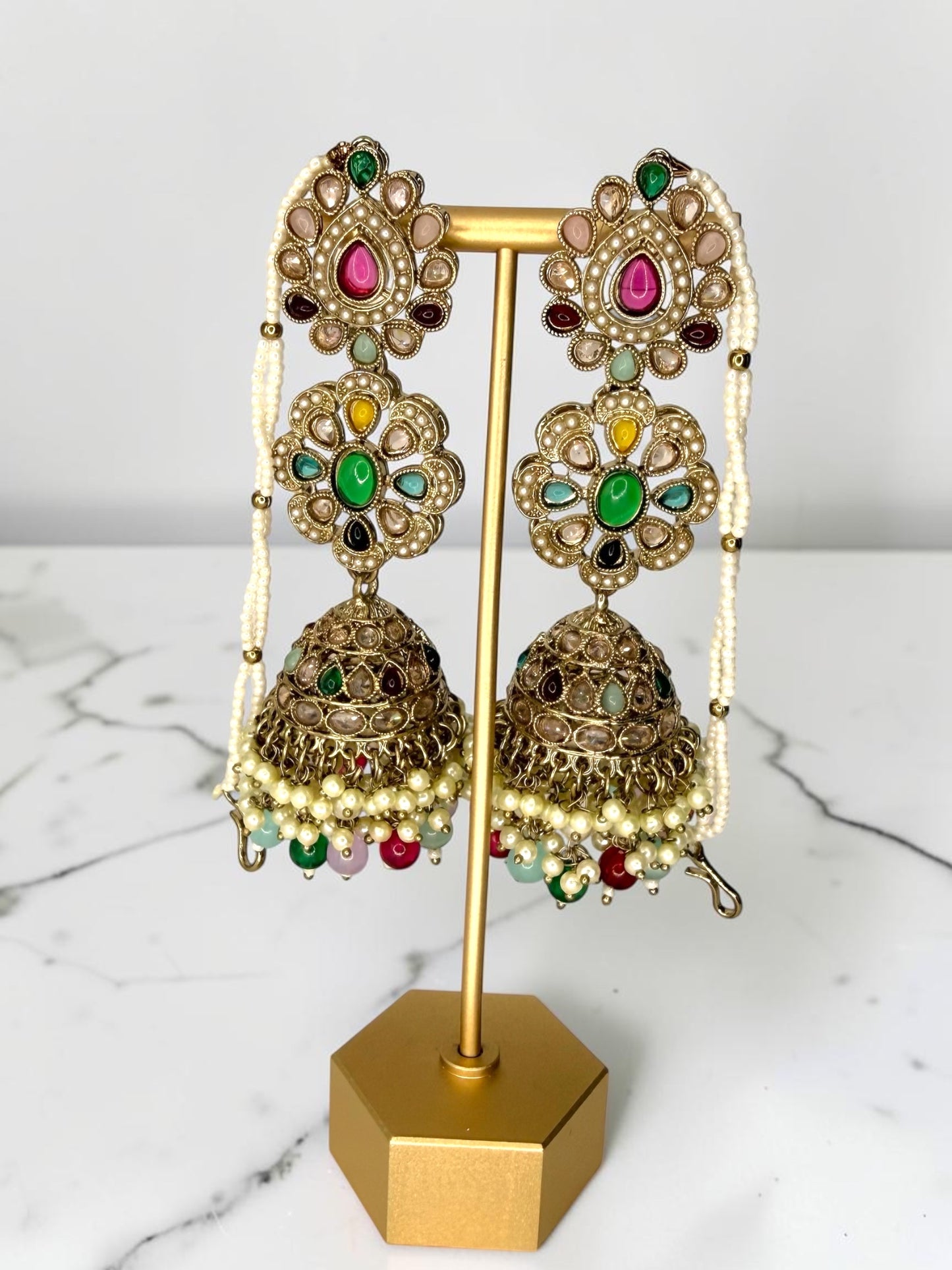 Sharmistha शर्मिष्ठा Polki Jhumkay with Saharay in Multicolor