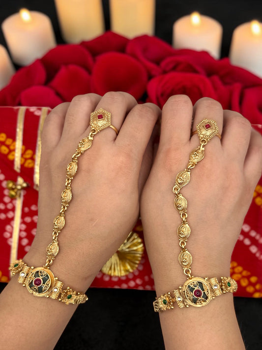 Nehal नेहल Heritage Hand Chain Pair in Gold with Adjustable Ring and Bracelet