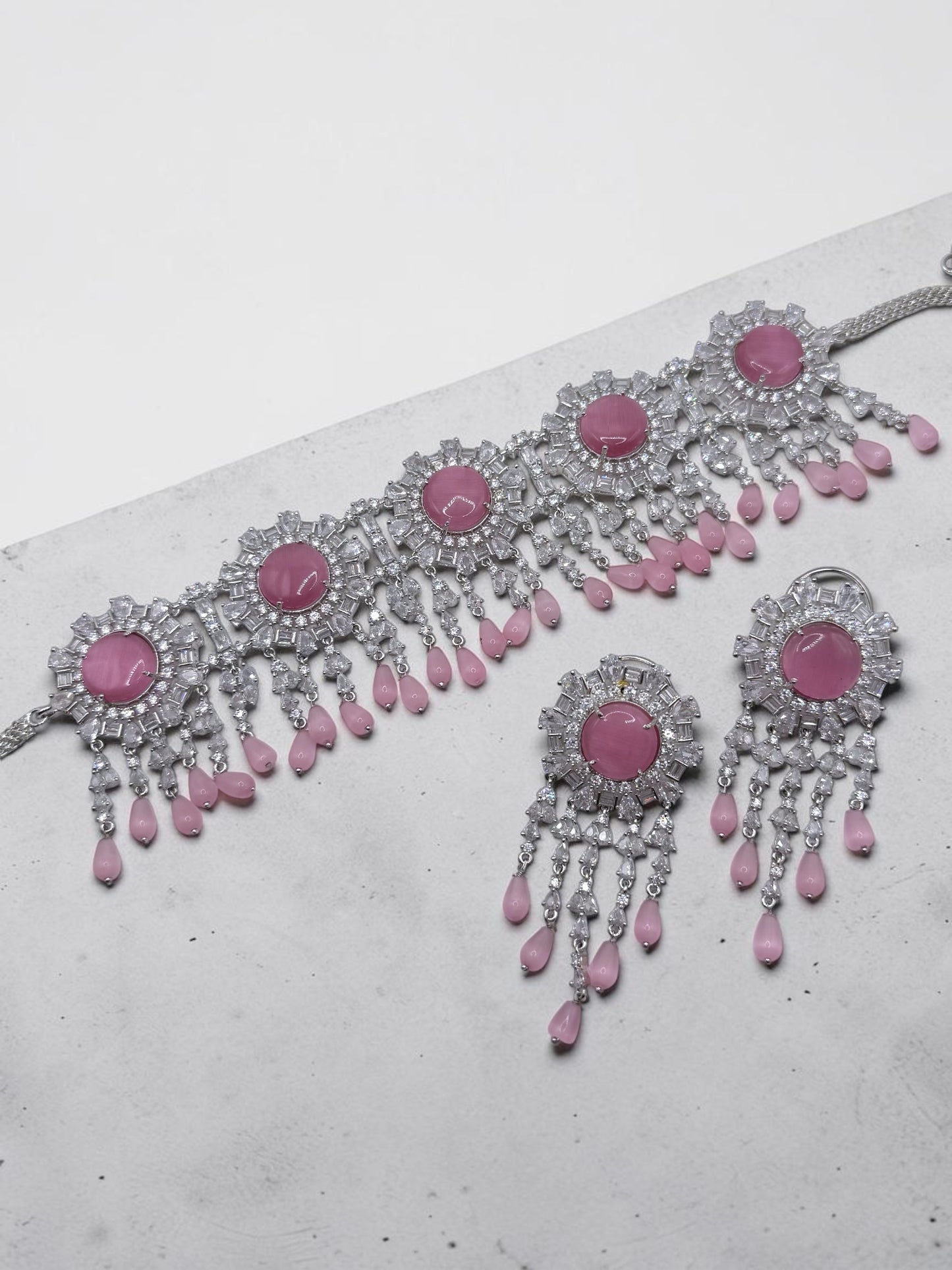 Jasika जसिका American Diamond Bridal Choker Set in Pink