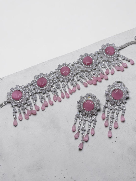Jasika जसिका American Diamond Bridal Choker Set in Pink
