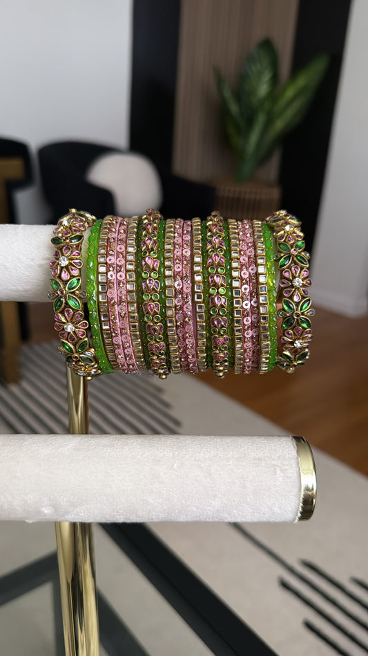 Sandhya संध्या Handmade Bridal Glass Bangles in Pink & Mint