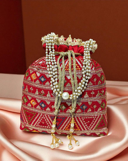 Dalia داليا Embroidered Potli Bag in Red