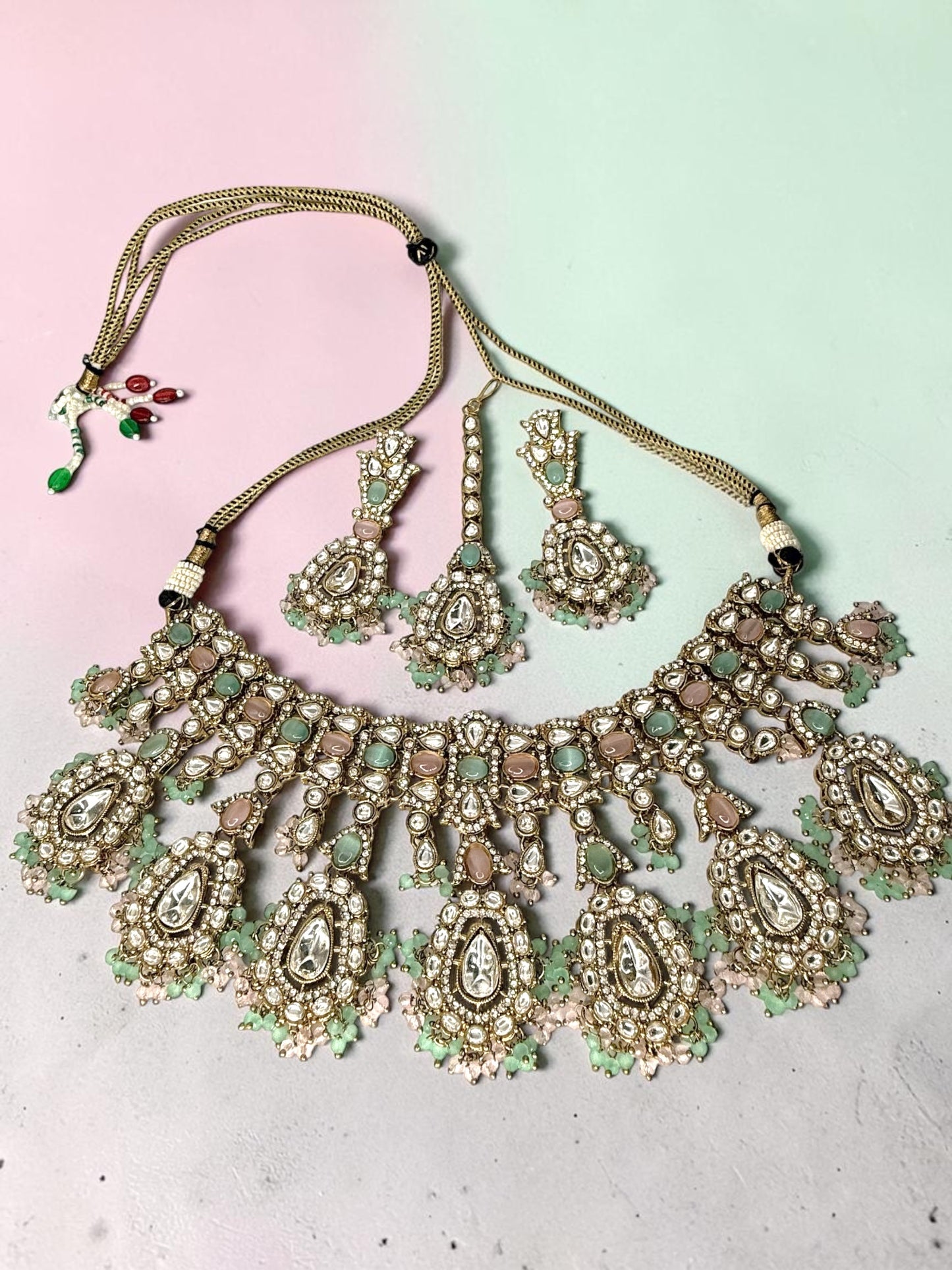 Sharanya शरण्या Kundan Bridal Set in Mint and Pink