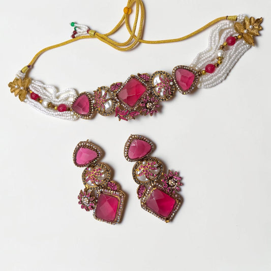 Damla Turkish Choker Set in Hot Pink