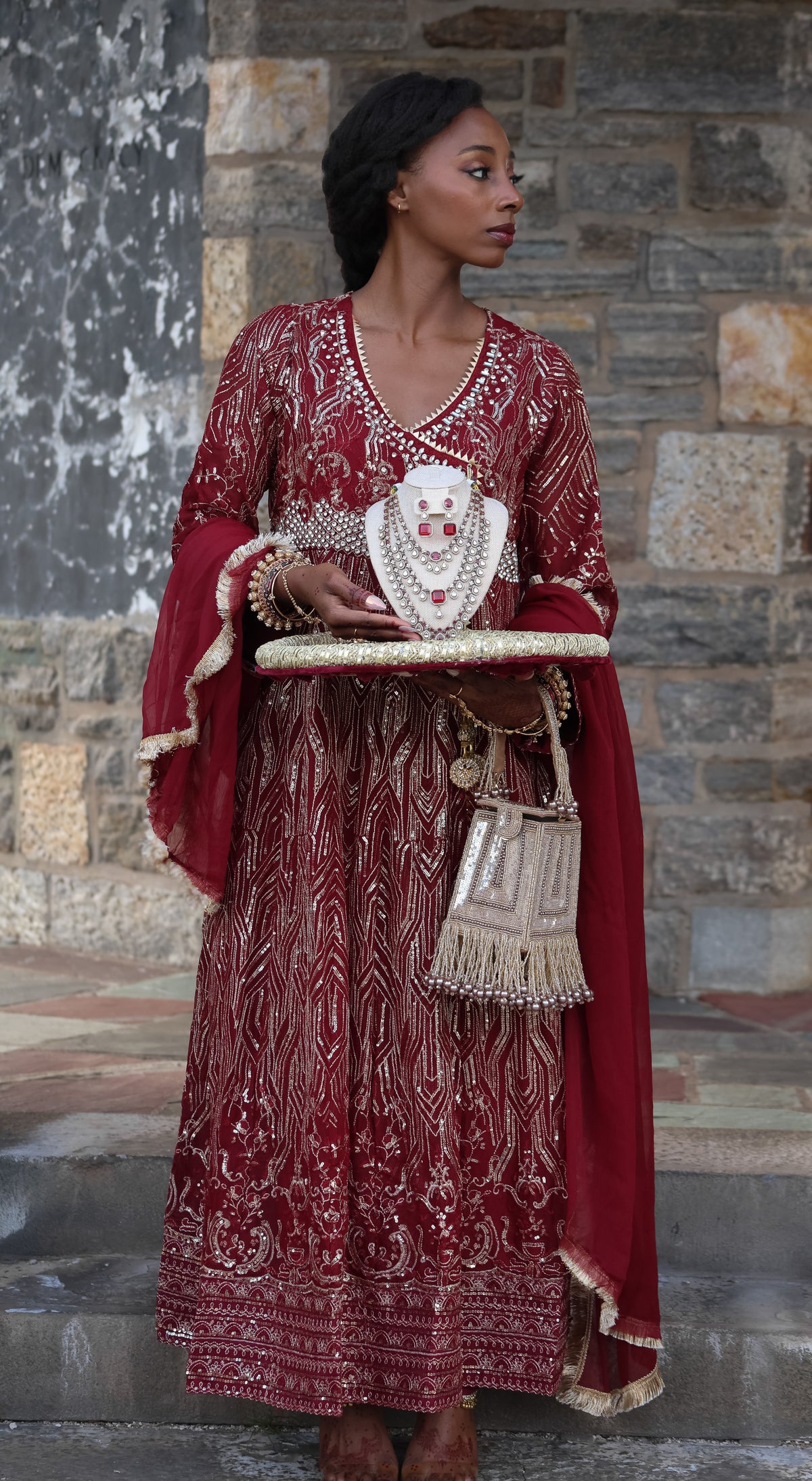 Raveena रवीना Victorian Layered Mala Set in Ruby