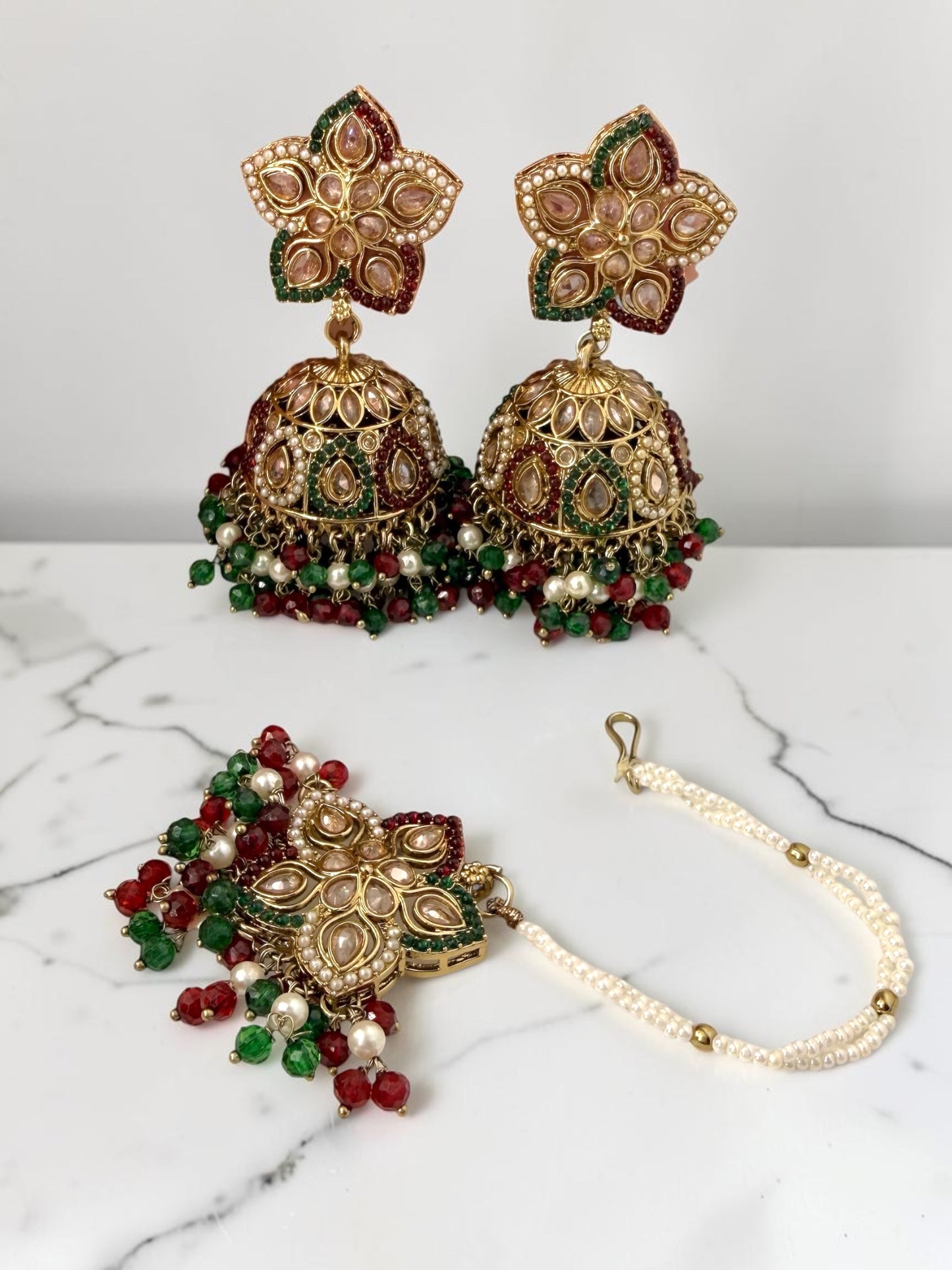 Jhanak झनक Jhumka & Tika Set in Green and Maroon