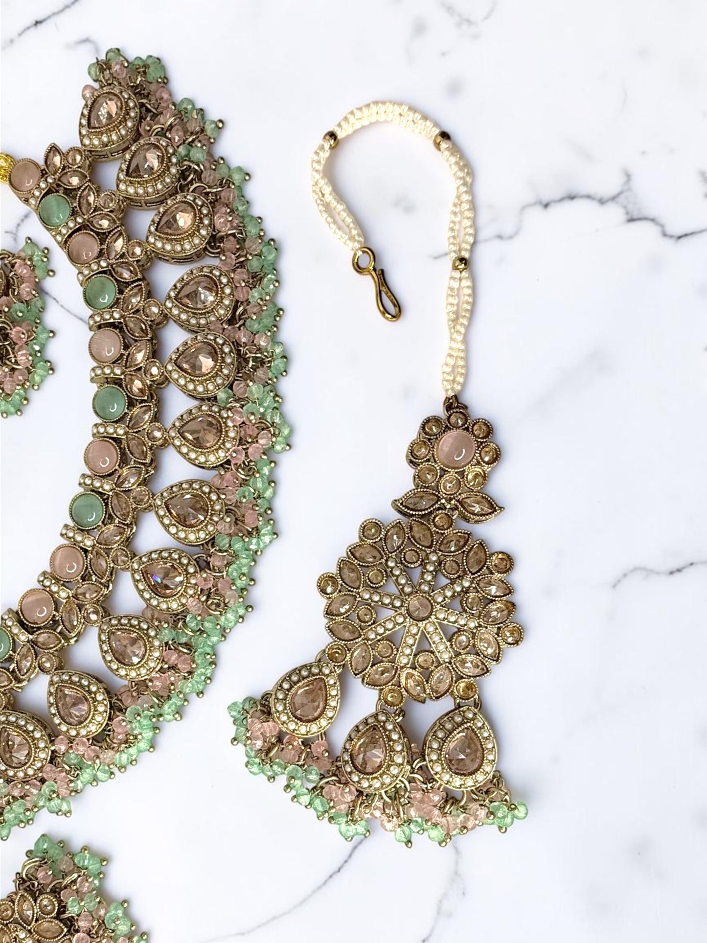 Maram مرام Polki Bridal Set in Mint and Pink