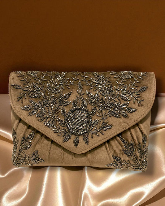 Jawhara جوهرة Beaded Velvet Bag in Brown