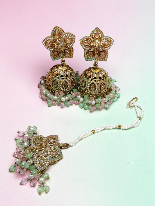 Jhanak झनक Jhumka & Tika Set in Mint & Pink