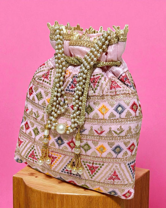 Dalia داليا Embroidered Potli Bag in Pink