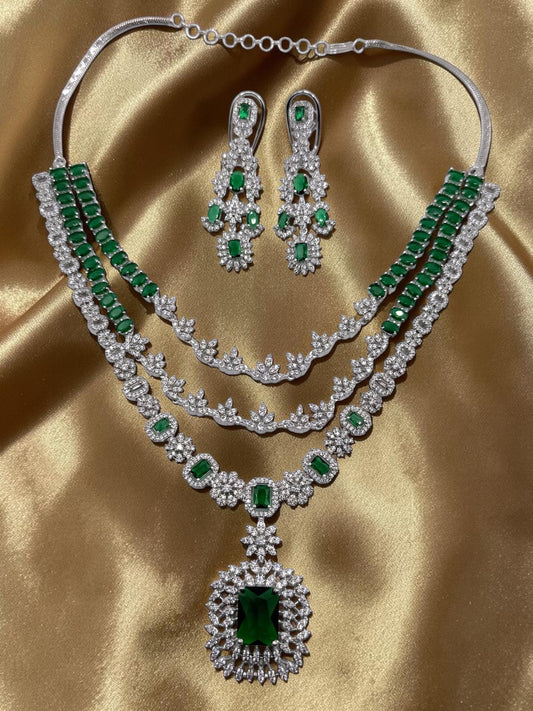 Jahnavi जाह्नवी Multi Layered American Diamond Set in Green