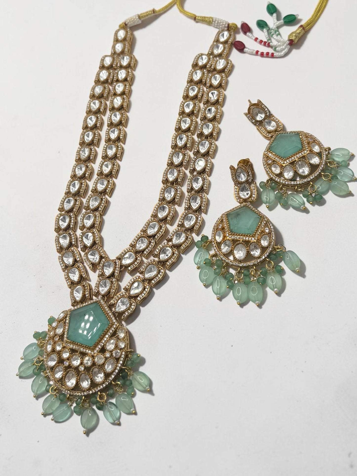 Ghalia غالية Gold Plated Tyaani Kundan Mala Set with Doublet Stone in Mint and Sage