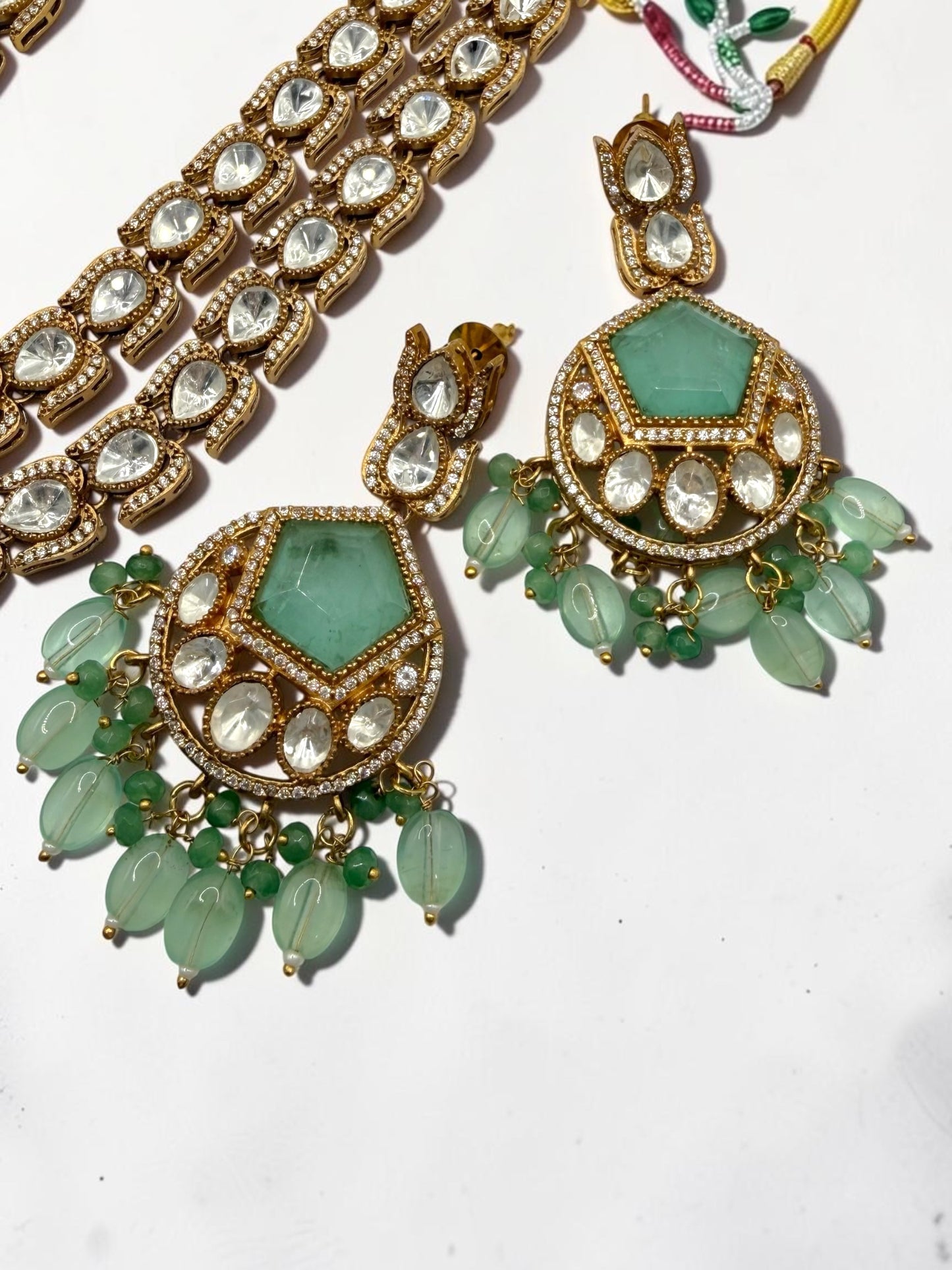 Ghalia غالية Gold Plated Tyaani Kundan Mala Set with Doublet Stone in Mint and Sage