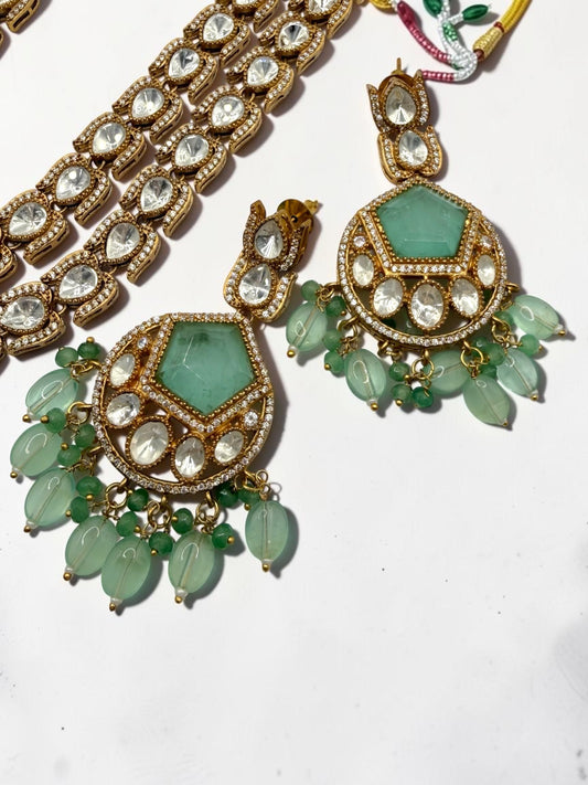 Ghalia غالية Gold Plated Tyaani Kundan Mala Set with Doublet Stone in Mint and Sage