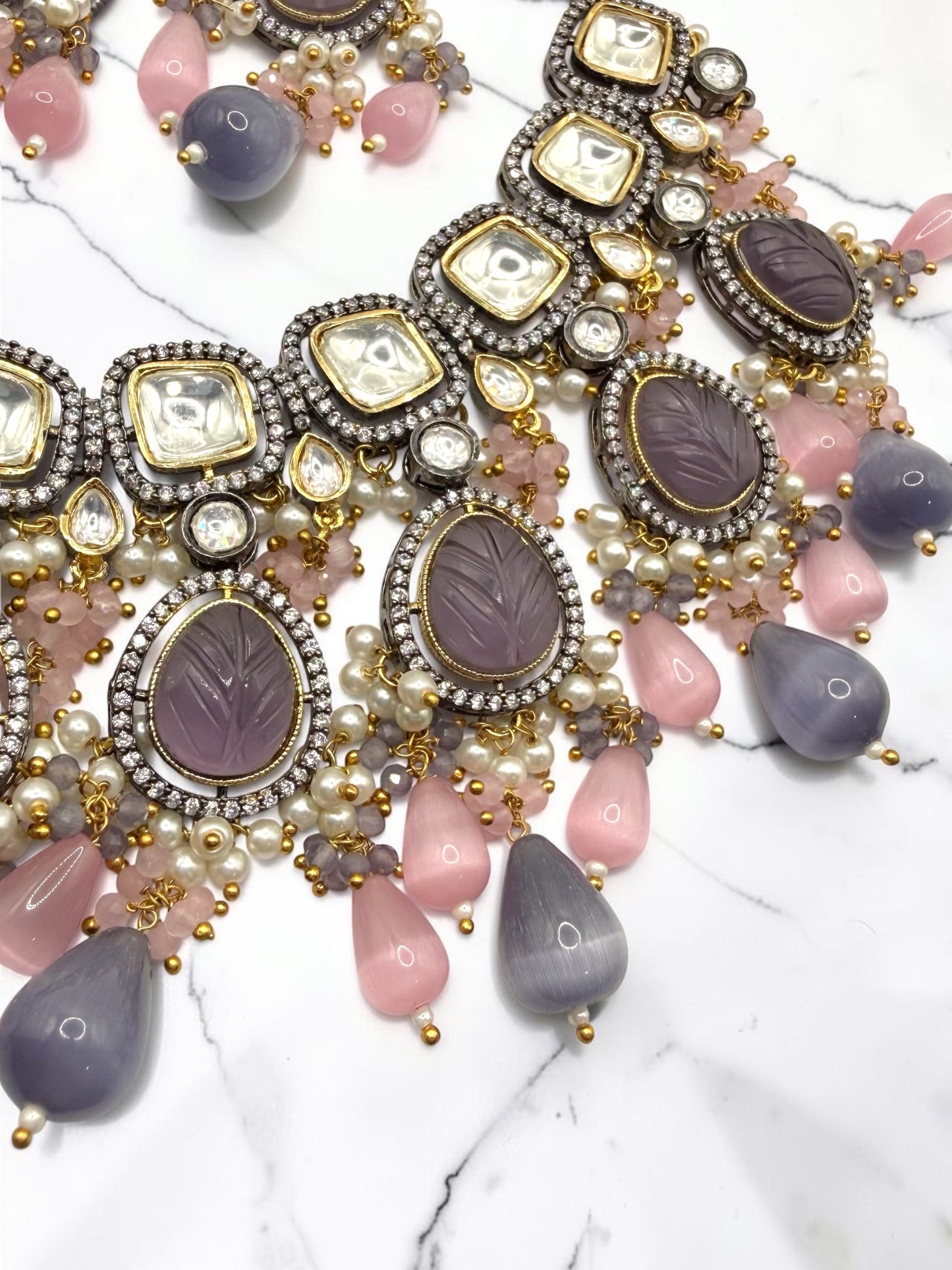 Shadia شادية Gold Plated Tyaani Kundan Set in Lavender and Pink