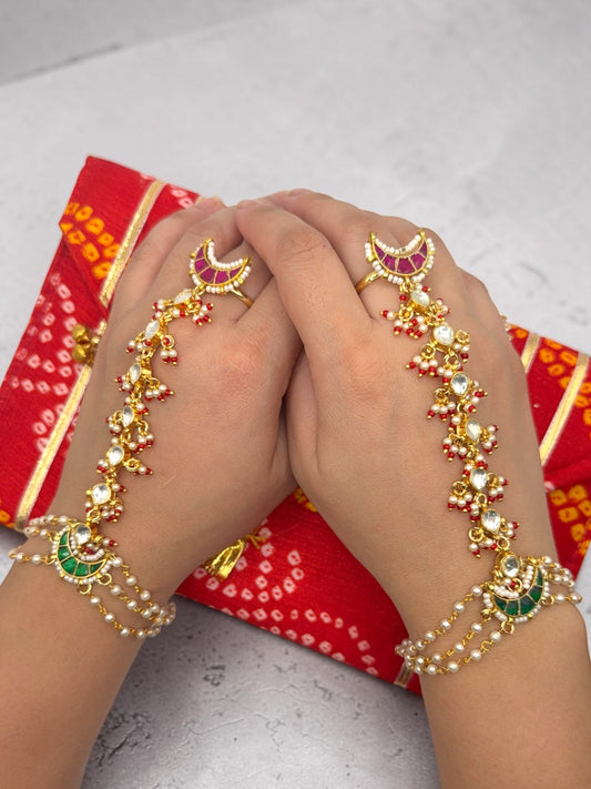 Darshana दर्शना Bridal Paachi Kundan Hand Chain Pair with Adjustable Ring and Bracelet