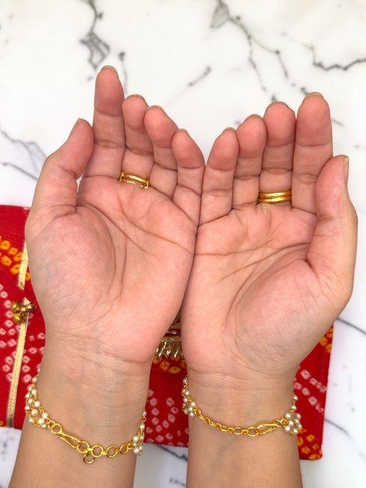 Darshana दर्शना Bridal Paachi Kundan Hand Chain Pair with Adjustable Ring and Bracelet