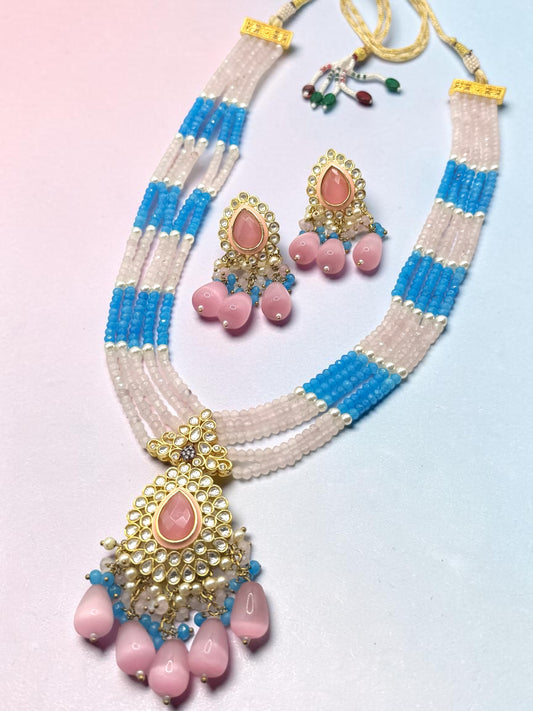 Anju अंजू Gold Plated Tyaani Kundan Mala Set with Mona Lisa Stones in Pink and Sky Blue