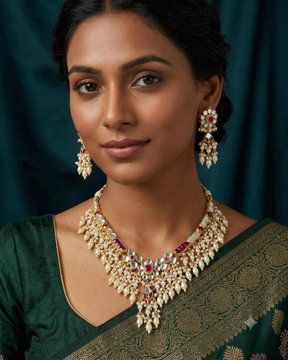 Malika ملكة Ruby Paachi Kundan Pearl Set - 22k Gold Plated