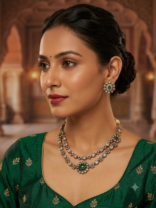 Amaya अमाया Gold Plated Layered Victorian Set in Green