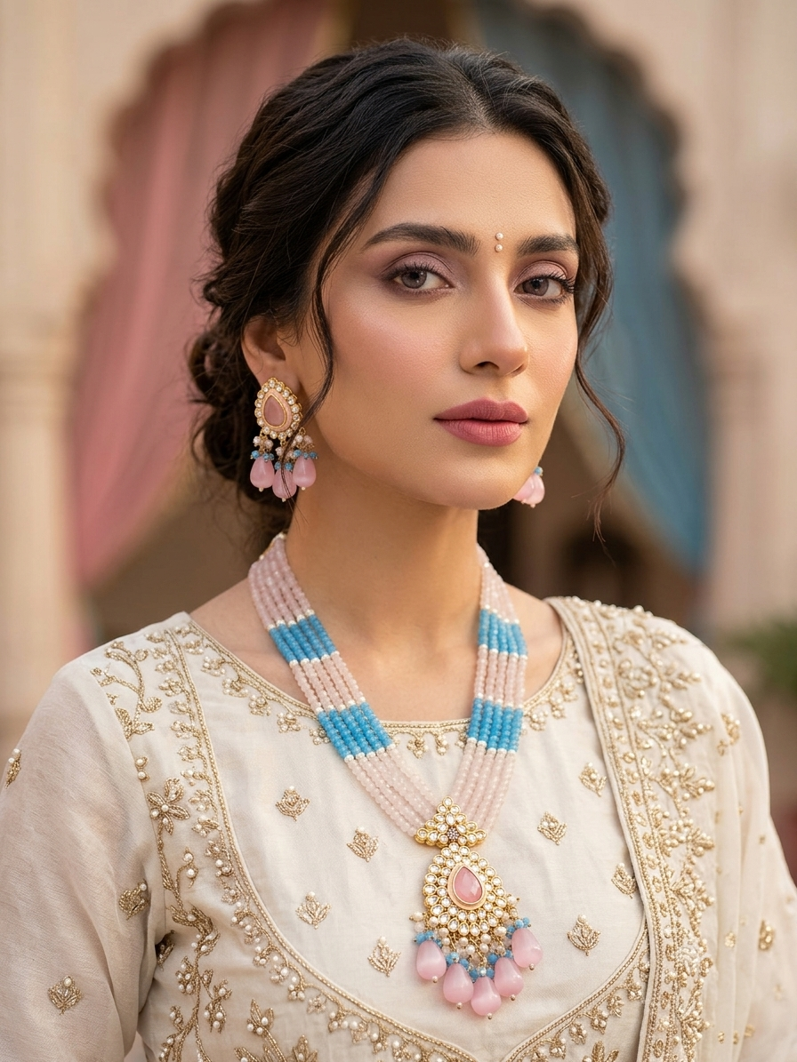 Anju अंजू Gold Plated Tyaani Kundan Mala Set with Mona Lisa Stones in Pink and Sky Blue