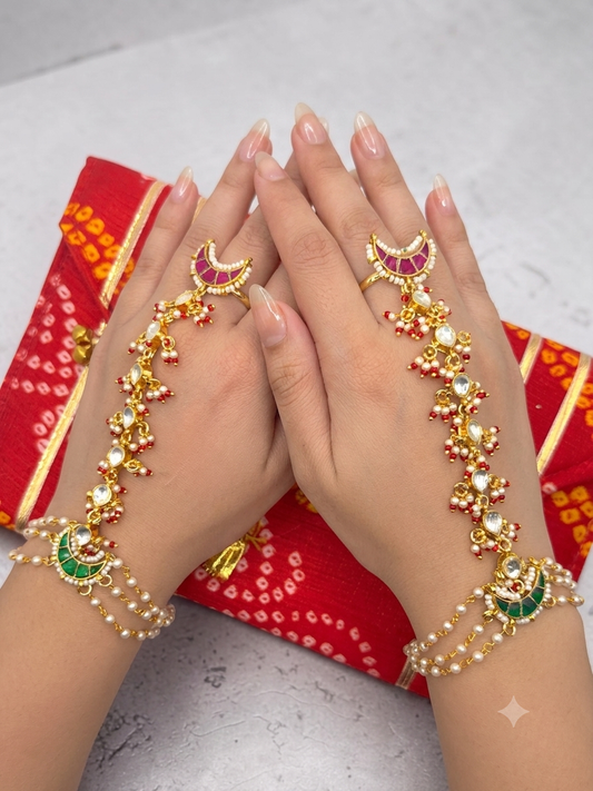 Darshana दर्शना Bridal Paachi Kundan Hand Chain Pair with Adjustable Ring and Bracelet