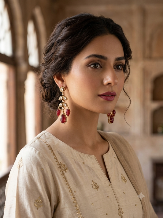 Anagha अनघा Gold Plated Victorian Earrings in Red
