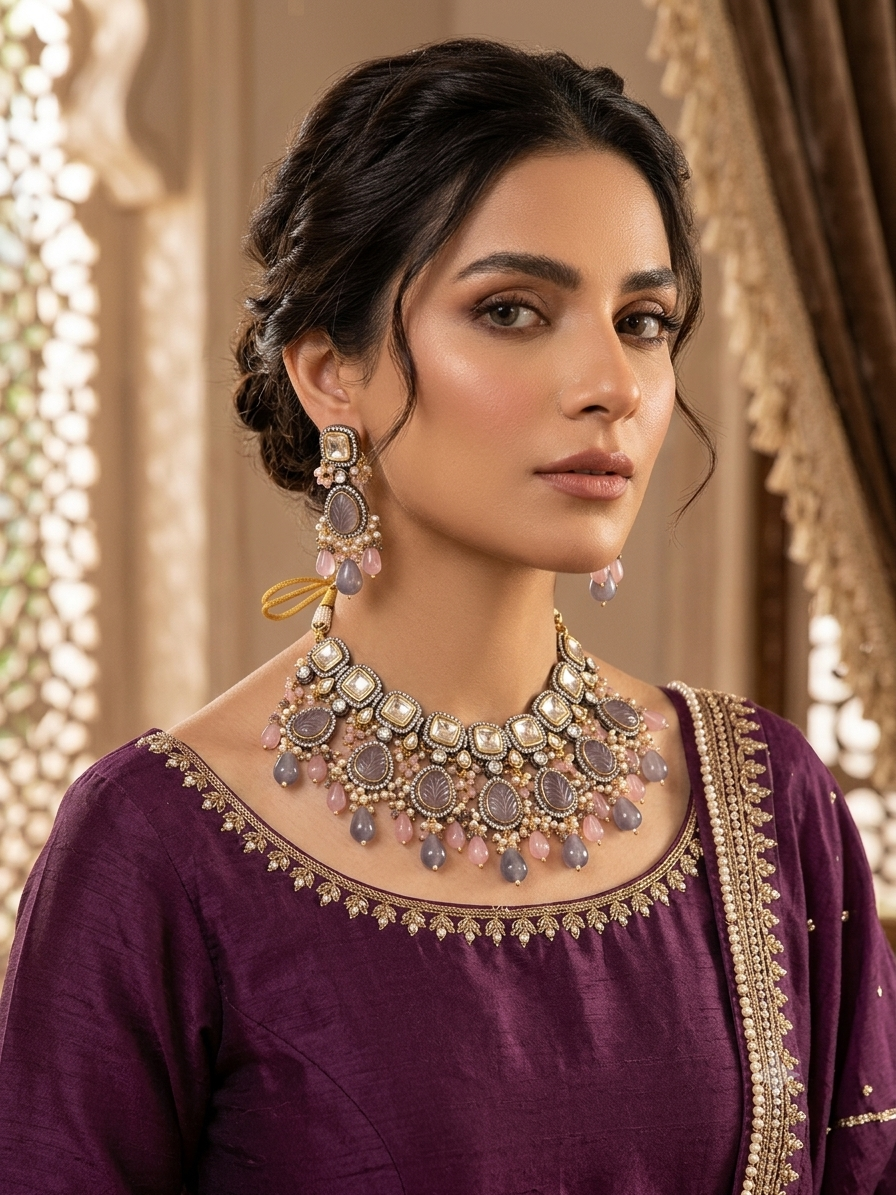 Shadia شادية Gold Plated Tyaani Kundan Set in Lavender and Pink