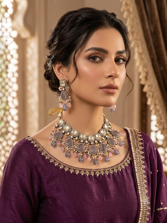 Shadia شادية Gold Plated Tyaani Kundan Set in Lavender and Pink