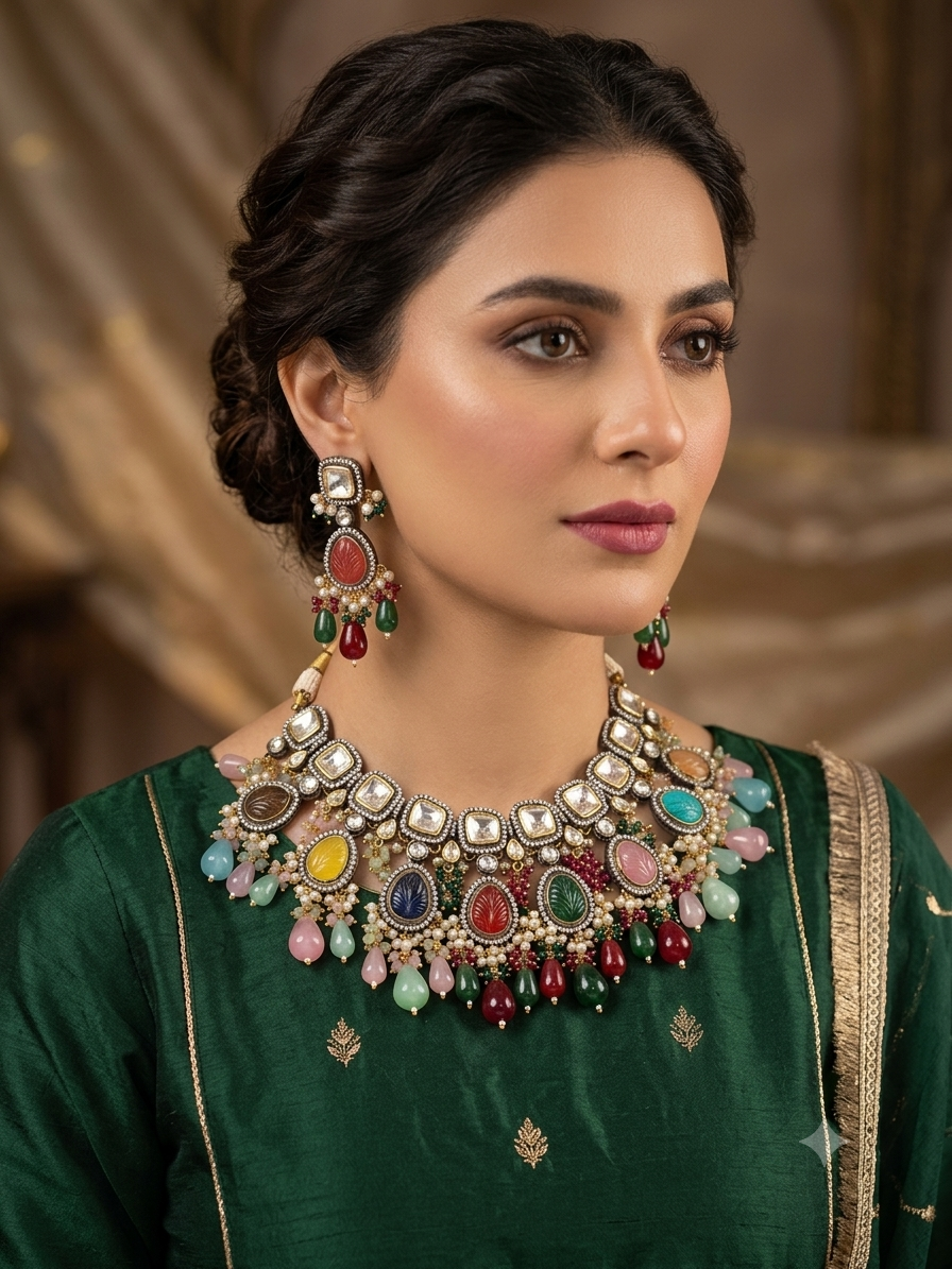 Shadia شادية Gold Plated Tyaani Kundan Set in Multicolor