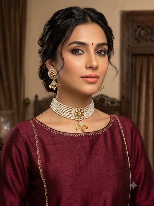 Siham سهام Paachi Kundan Choker Set in Gold - 22k Gold Plated