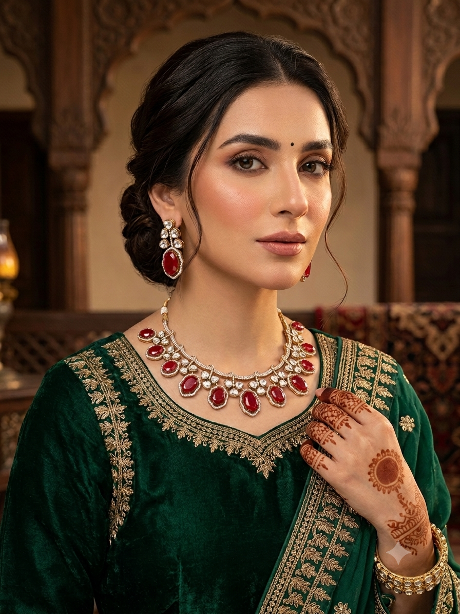 Inayah عناية Gold Plated Tyaani Kundan Set with Doublet Stone in Red