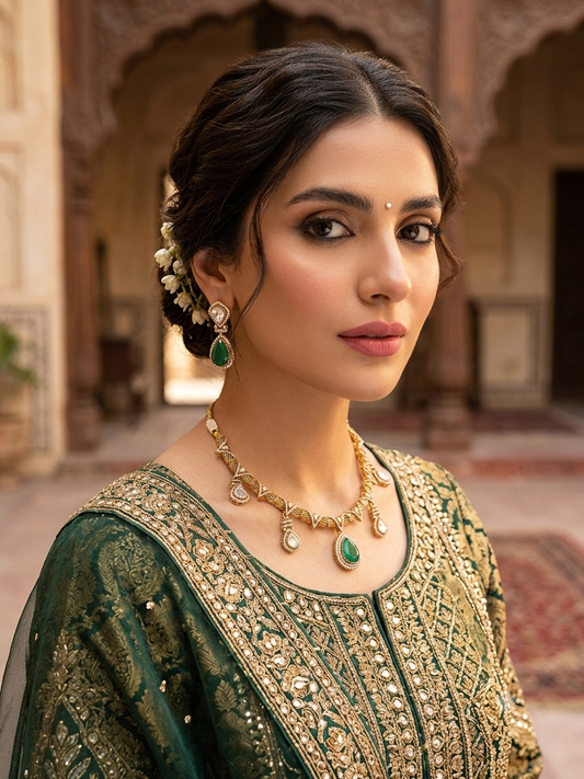 Najla نجلاء Gold Plated Tyaani Kundan Set with Emerald Doublet Stone in Green