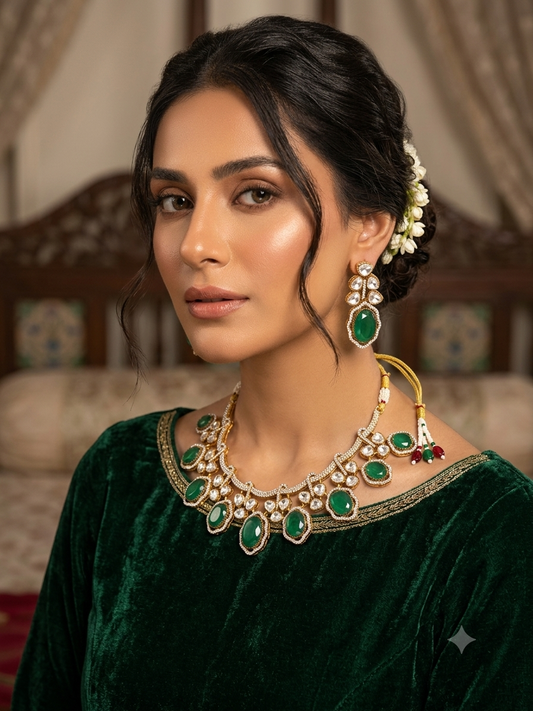 Inayah عناية Gold Plated Tyaani Kundan Set with Emerald Doublet Stone in Green