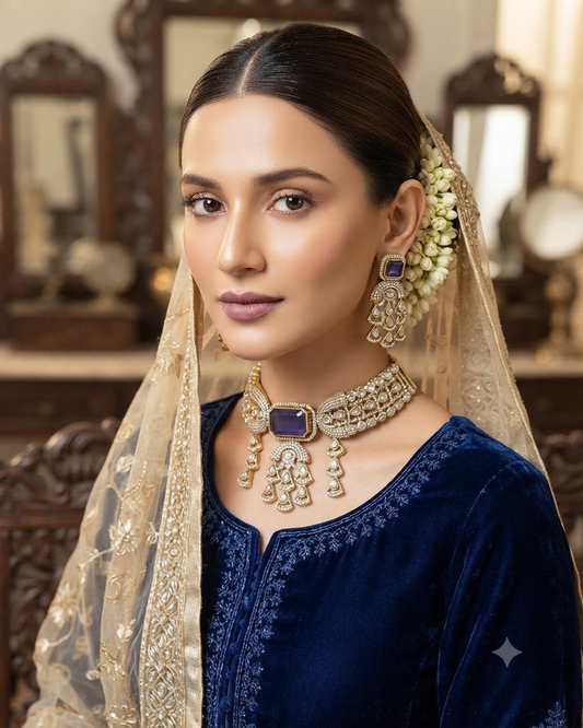 Faiza فائزة Gold Plated Tyaani Kundan Choker Set with Doublet Stone in Purple