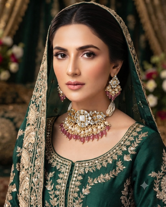 Amira أميرة Mother of Pearl Paachi Kundan Choker Set - 22k Gold Plated