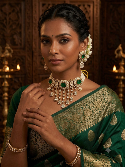 Ebtihal ابتهال Gold Plated Tyaani Kundan Choker Set with Doublet Stone in Green