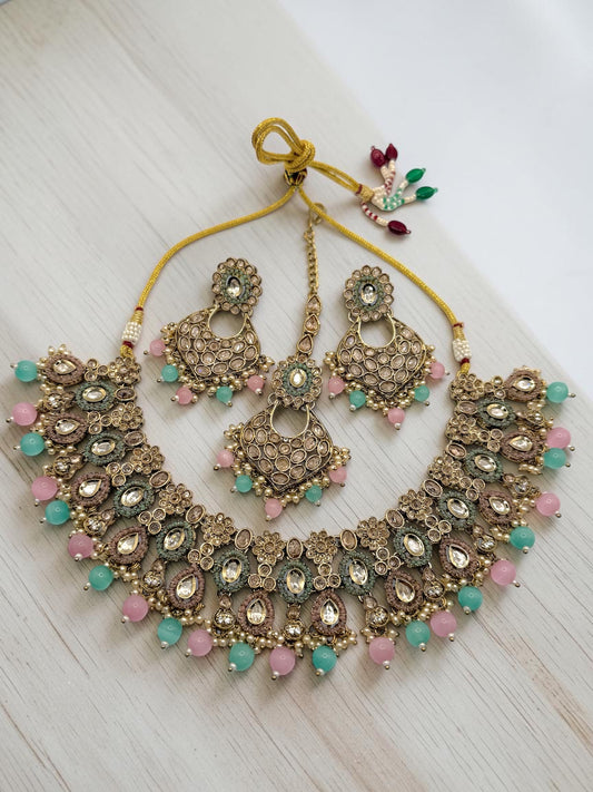 Sangeeta संगीता Polki and Kundan Set in Mint and Pink