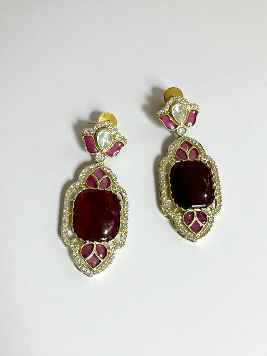 Zohra زهرة  Gold Plated Kundan Earrings in Wine