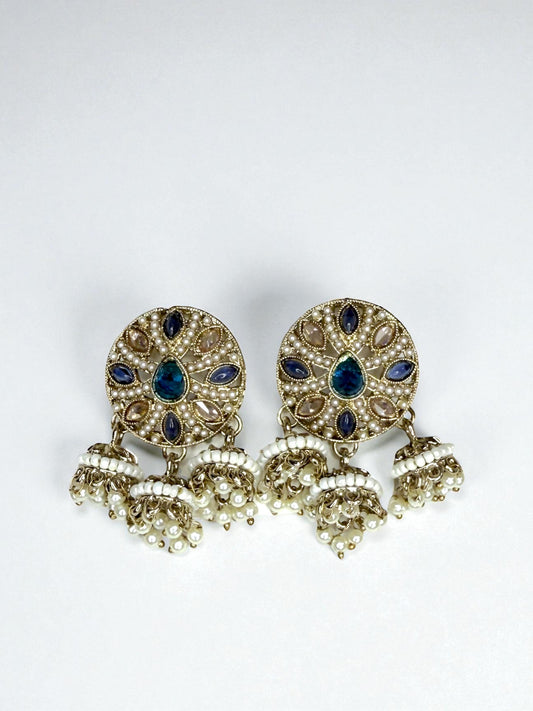 Yasira يسيرة Polki Studs with Hanging Jhumkay in Blue