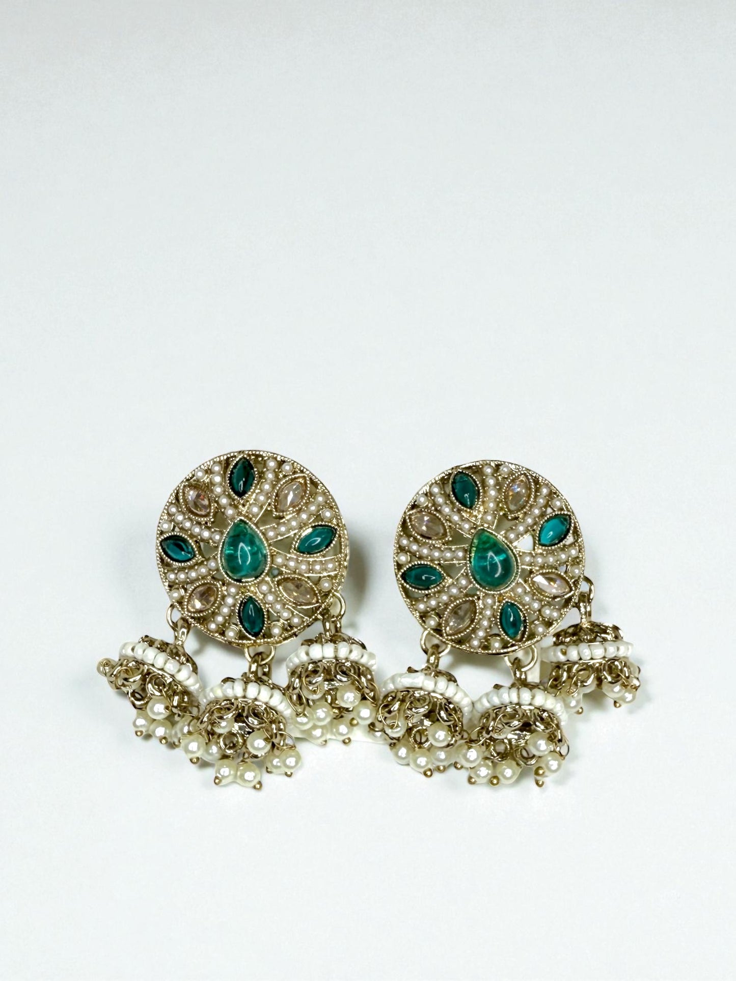 Yasira يسيرة Polki Studs with Hanging Jhumkay in Teal Blue