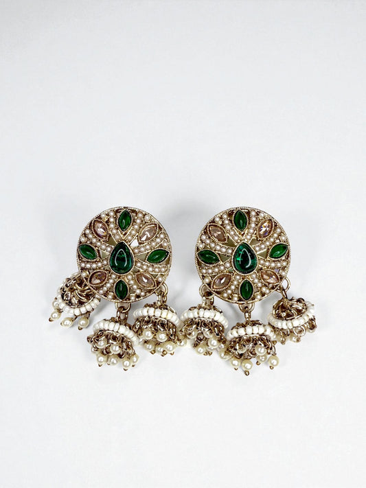 Yasira يسيرة Polki Studs with Hanging Jhumkay in Green