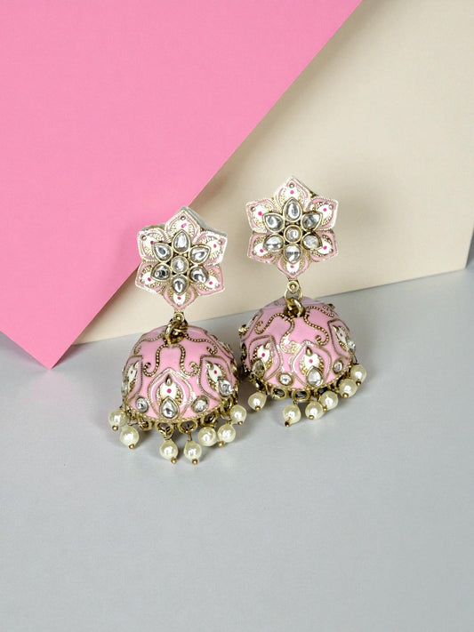 Sumaya سمية Meenakari Kundan Jhumkay in Pink