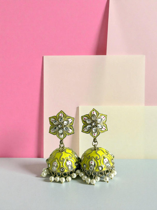 Sumaya سمية Meenakari Kundan Jhumkay in Yellow