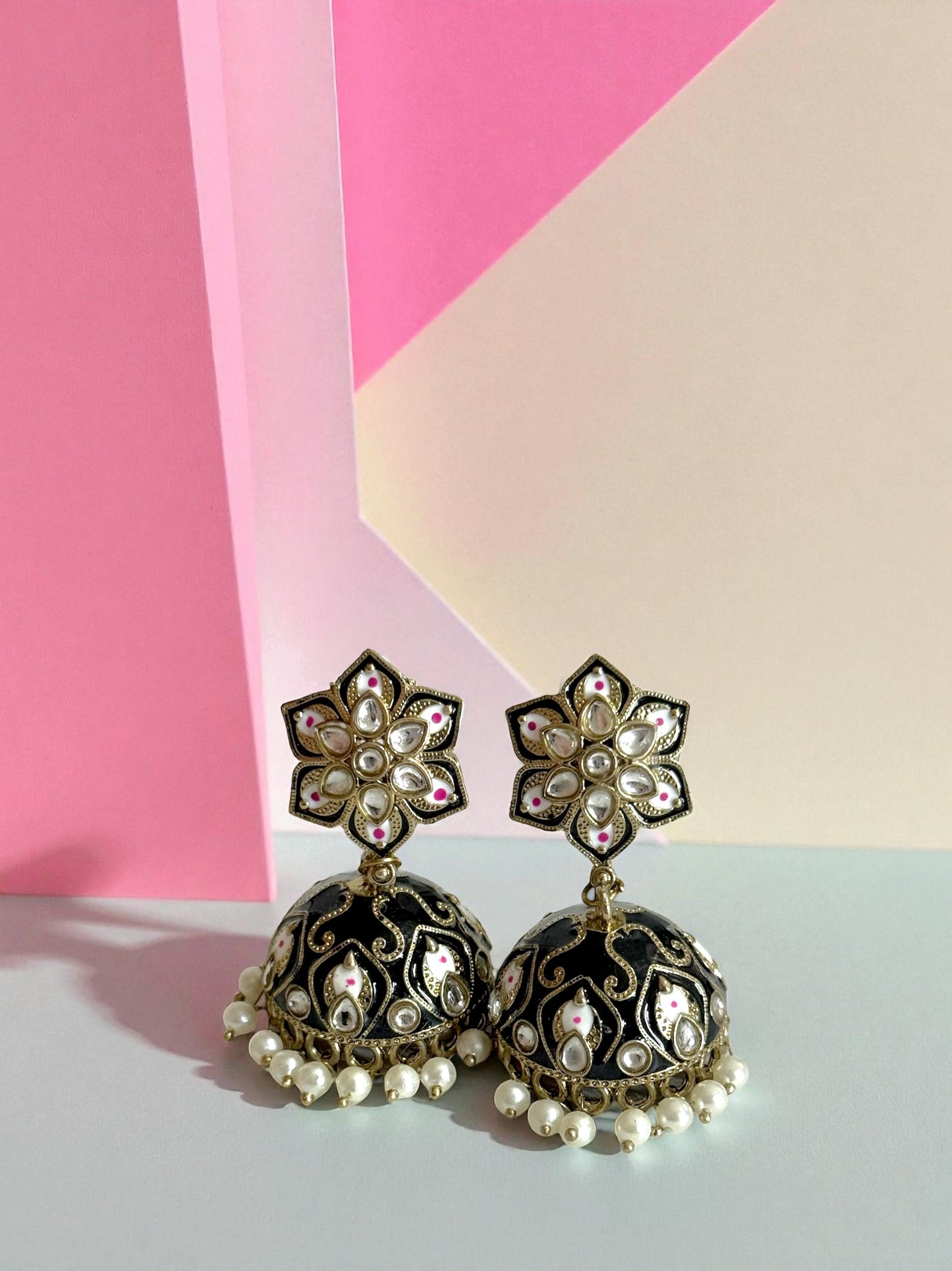 Sumaya سمية Meenakari Kundan Jhumkay in Black