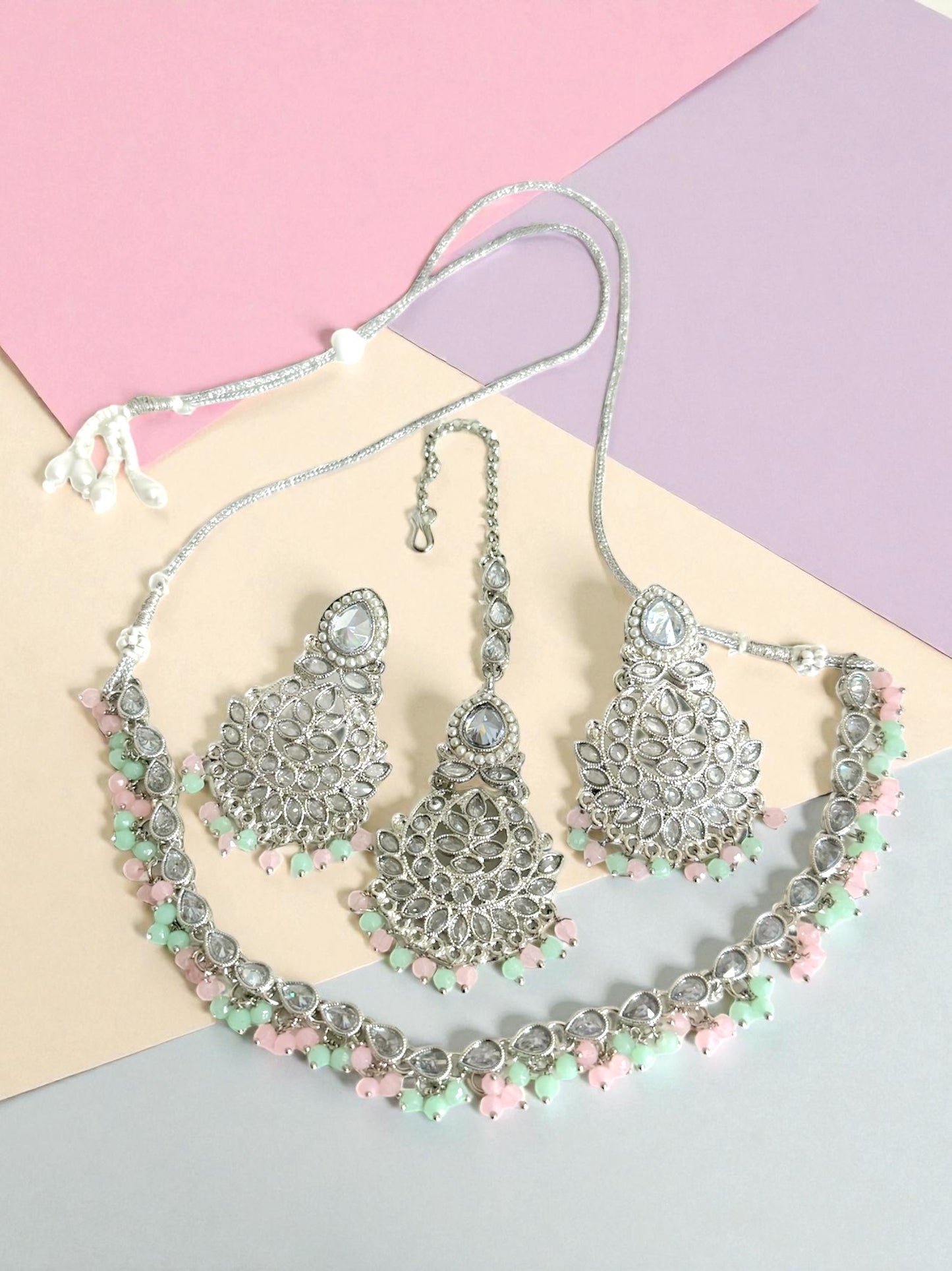 Hira حرا Danity Set in Mint, Pink, & Silver