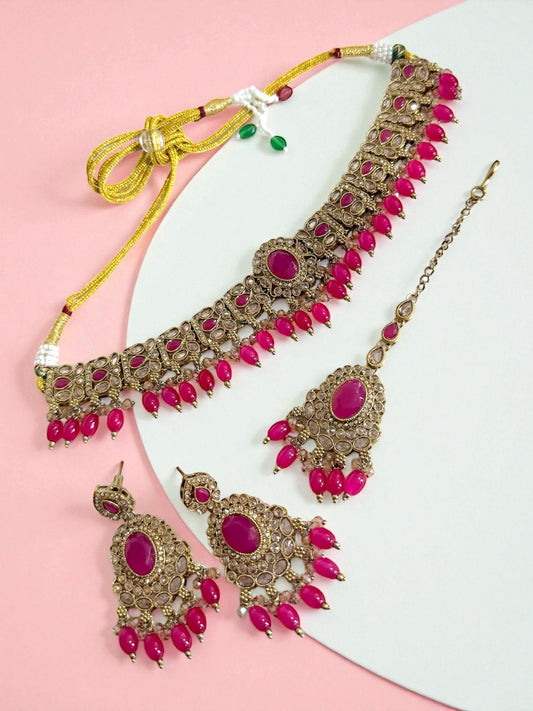 Rania رانيا Polki Choker Set in Hot Pink