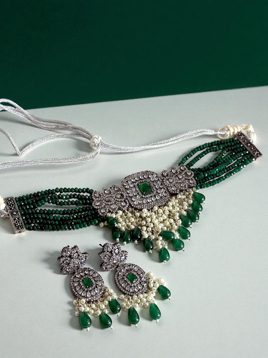 Zaina زينة American Diamond Choker Set in Green