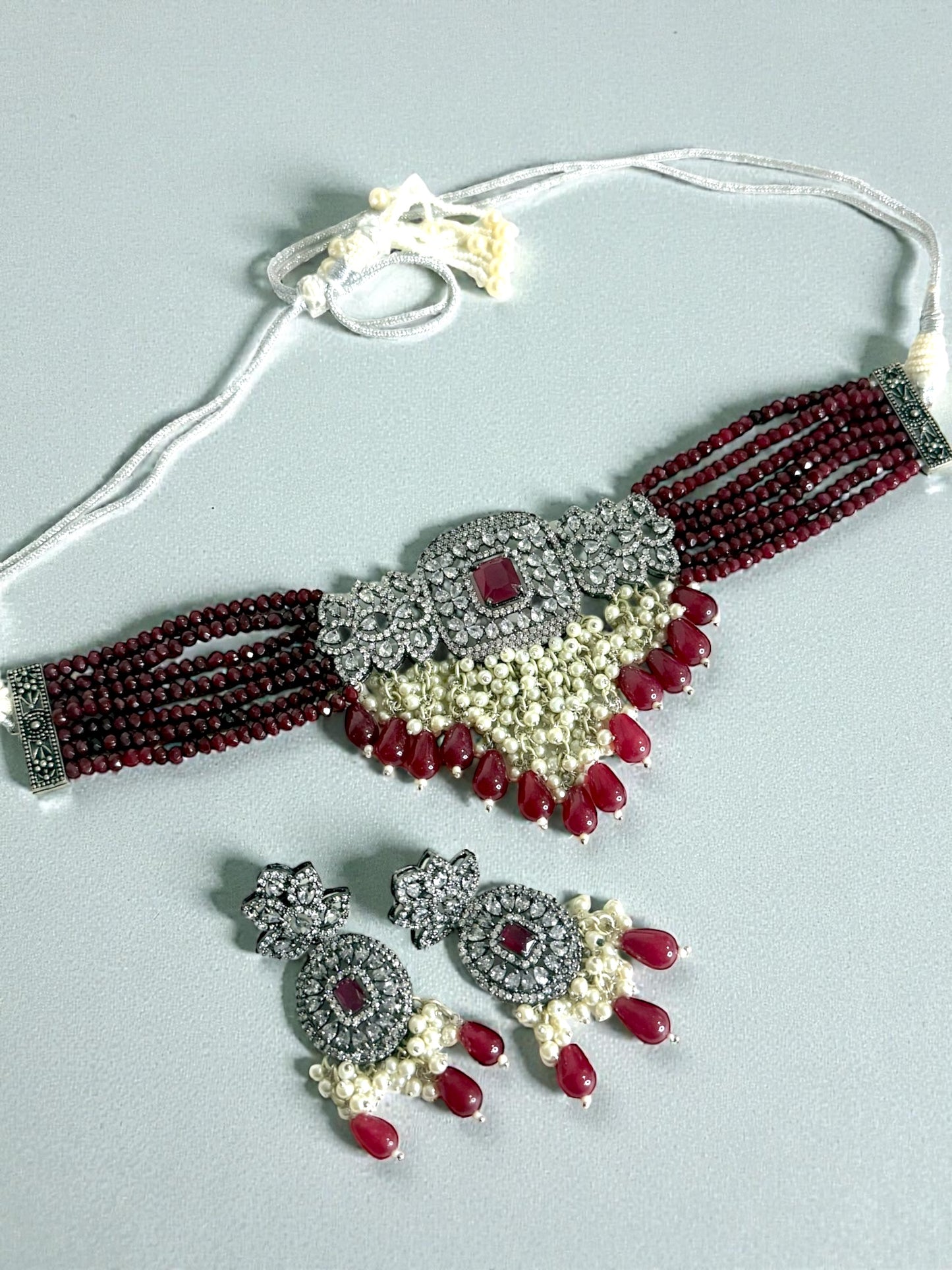 Zaina زينة American Diamond Choker Set in Maroon