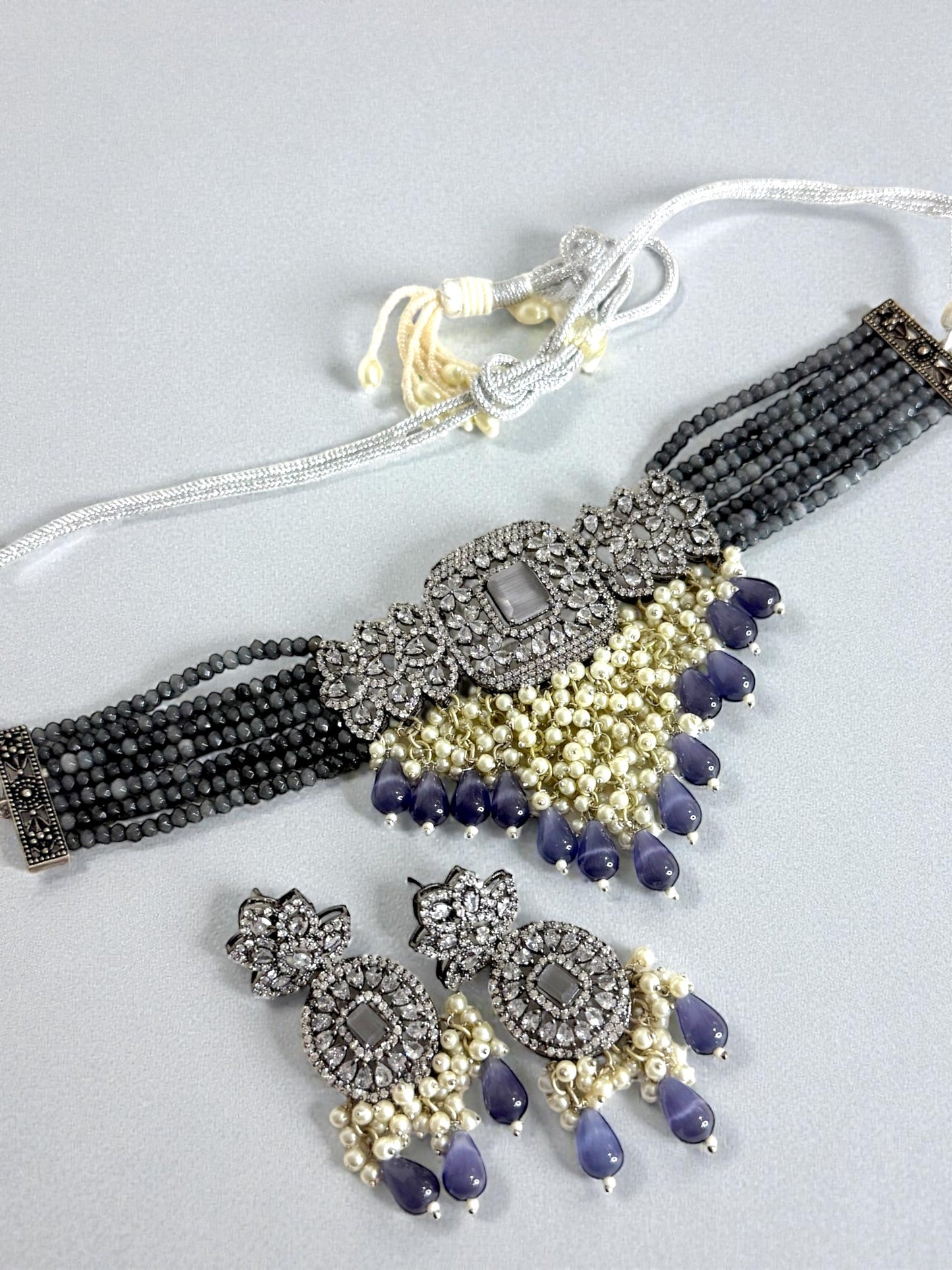 Zaina زينة American Diamond Choker Set in Grey